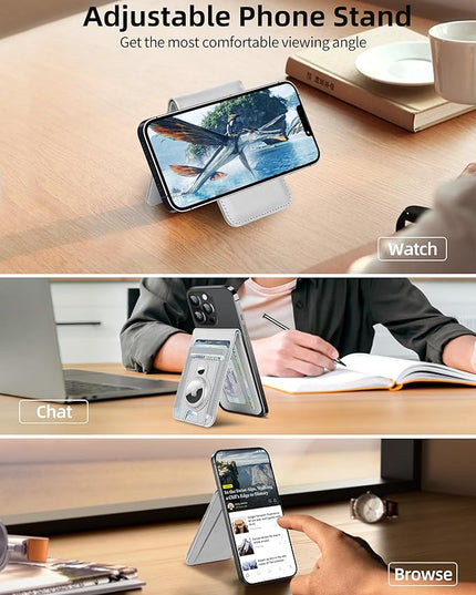 For Magsafe Wallet Stand with Airtag Holder, Strongest Magnetic Wallet for iPhone 17/16/15/14/13/12 Series, ID Window, 4 Card Slots, 10 Cards Holder, Vegan Leather, RFID Blocking, Light Gray