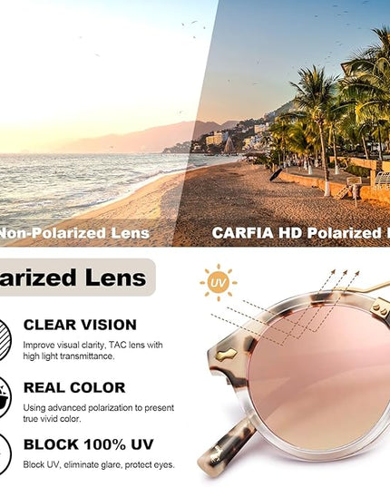 CARFIA Small Face Acetate Polarized Sunglasses for Women UV Protection, Retro Double Bridge Eyewears Metal Brow Round Sunnies