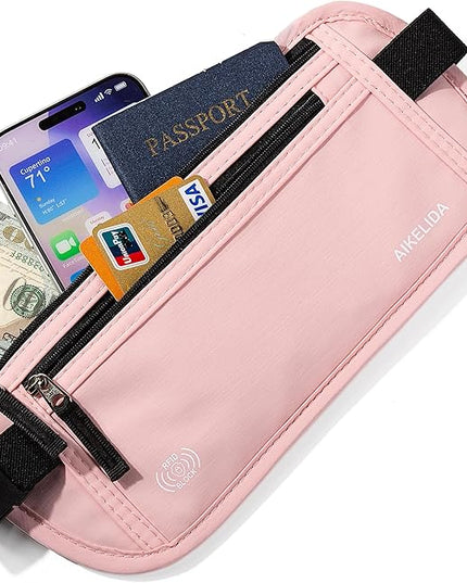 Money Belt - Slim Passport Holder RFID Blocking Travel Wallet Undercover Fanny Packs for Men Women - Pink