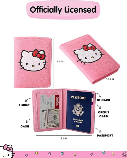 Hello Kitty Pebbled Pink Passport Holder for Travel Official License, Sanrio Passport Cover for Women
