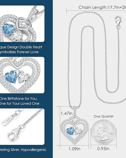 LOUISA SECRET Sparkling Double Heart Birthstone Necklaces for Women, 925 Sterling Silver Fine Jewelry, Pendant Heart Necklaces Birthday Anniversary Christmas Gift for Women Wife Mom Girlfriend Lady