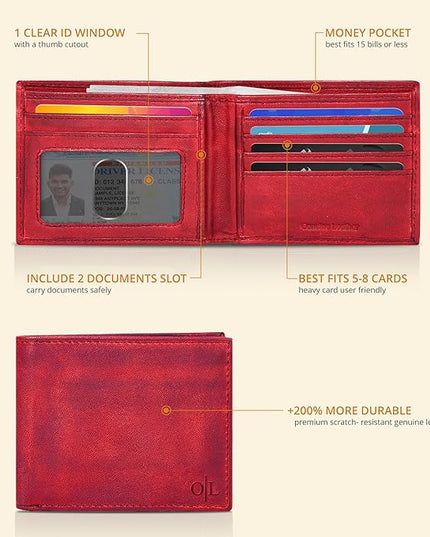 Oak Leathers Slim Leather Wallet for Men - RFID Blocking Slim Minimalist Front Pocket - Thin & Stylish with ID Window, Gift For Men (Vintage Red)