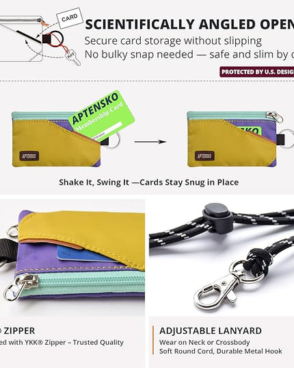 RFID Travel Wallet with Adjustable Lanyard-Zipper Small Wallet with ID Card Holder, Keychain for women&men-Minimalist Slim Waterproof Nylon case for ID, Cash, Key (DarkYellow+Violet)