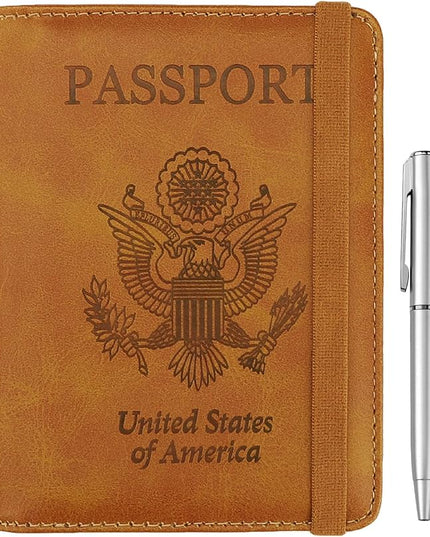 WALNEW Passport Holder for Travel, RFID Passport Cover Wallet for Women Men, PU Leather Passport Book Card Holder Case with Pen, Travelling Essentials for Flying