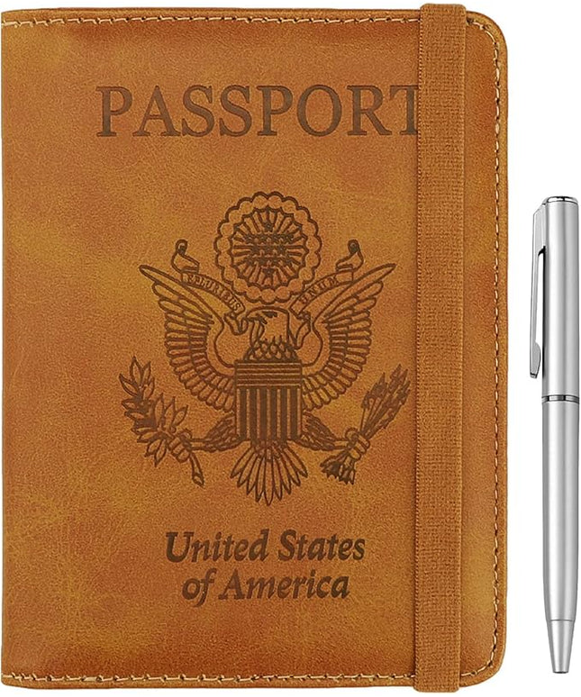 WALNEW Passport Holder for Travel, RFID Passport Cover Wallet for Women Men, PU Leather Passport Book Card Holder Case with Pen, Travelling Essentials for Flying