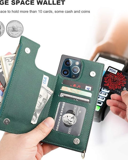 Bocasal Crossbody Wallet Case for iPhone 12 Pro Max with Card Holder,Zipper Card Slot Protector Shockproof Purse Cover with Removable Cross Body Strap 6.7 Inch(Green)