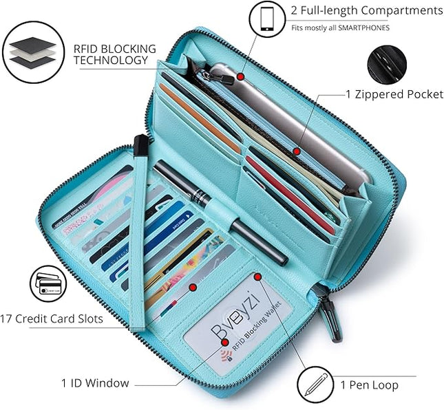 Bveyzi Women RFID Blocking Wallet Leather Zip Around Phone Clutch Large Capacity Ladies Travel Purse Wristlet | RFID Blocking, Zip Around, Large Capacity