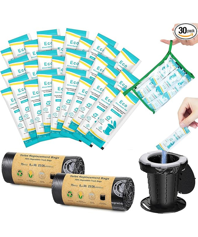BLIKA 30 Count Camping Toilet Bags Eco Absorbent Gel Set, Portable Toilet Bags with Gel, 8 Gallon, 30 Liter, Heavy Duty 1 Mil, Toilet Replacement Bags with Toilet Powder for Camping Outdoor Hiking