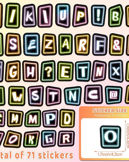 70 Pcs Alphabet Neon Stickers for Kids, Vinyl Letters A-Z Water Bottle Decals for Teens, Waterproof Skateboard Decor for Adults Kids Girls Boys