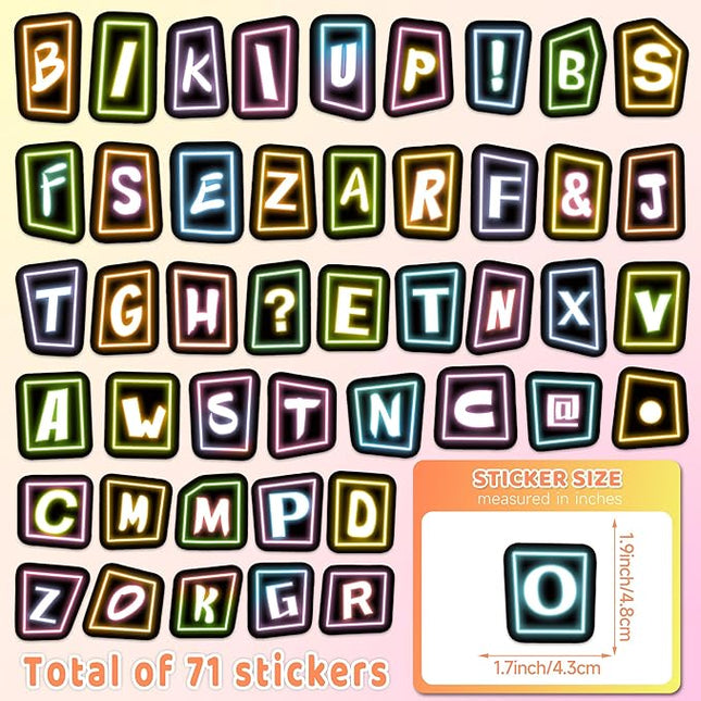 70 Pcs Alphabet Neon Stickers for Kids Glow in The Dark, Vinyl Letters A-Z Water Bottle Decals for Teens, Waterproof Skateboard Decor for Adults Kids Girls Boys