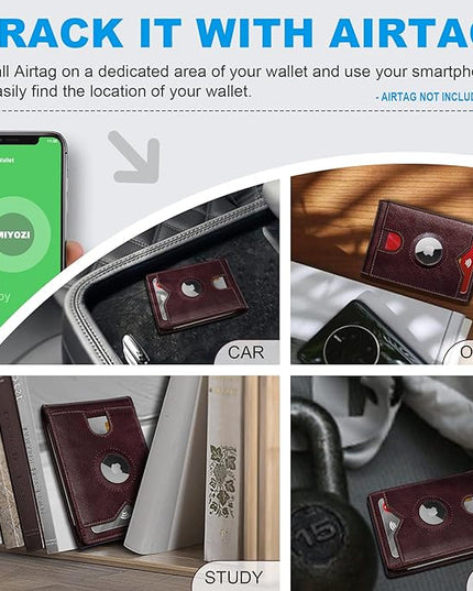 miyozi Airtag Wallet for Men,with Cash Pocket 2 ID Window 13 Cards,Slim Leather Wallet Front Pocket Card Holder RFID Blocking with Gift Box