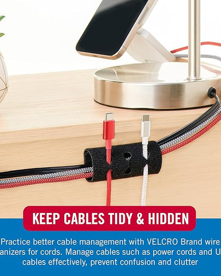VELCRO Brand Cord Organizer for Desk Cable Management, Nightstand Organization, Unique Dual Function Cable Sleeve Cord Keepers Combo, Holds Wires for Easy Access, Route to Hide, Small 2pk Black