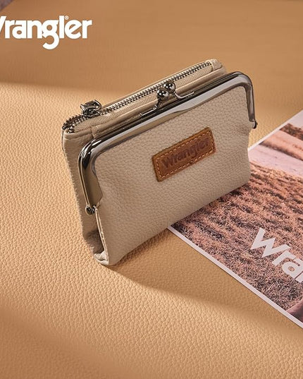 Montana West Wrangler Women's Wallet RFID Blocking Wallets Small Bifold Credit Card Holder with Kiss Clasp Tan