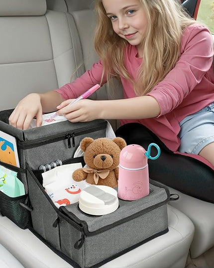 Car Seat Organizer, Backseat Car Organizer with Cup Holder Tray and Storages for Kids and Adults, Portable Travel Cooler for Car for Front or Back Seat Passenger Organizer Ccompartment (Grey)