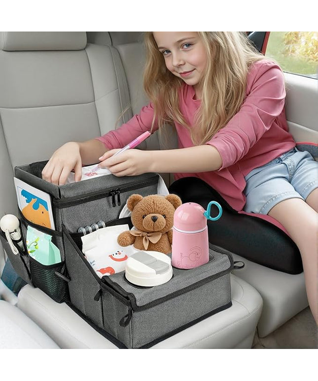 Car Seat Organizer, Backseat Car Organizer with Cup Holder Tray and Storages for Kids and Adults, Portable Travel Cooler for Car for Front or Back Seat Passenger Organizer Ccompartment (Grey)