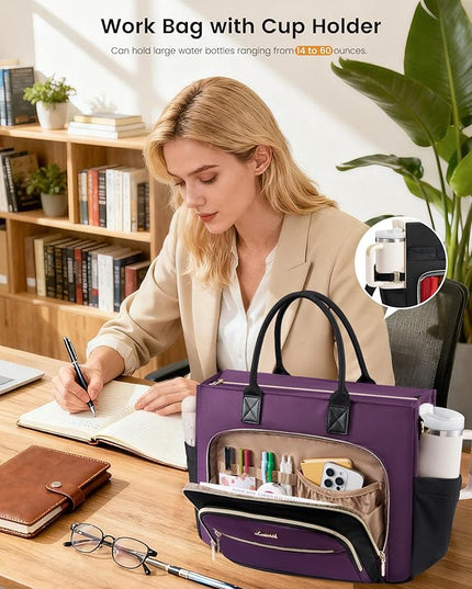 LOVEVOOK Insulated Lunch Bag,2-in-1 Work Tote Bag with Lunch Compartment,Large Capacity Professional Work Bag for Women,15.6 Inch Laptop Bag with Cup Holder for Teacher,Nurse,College,Office,Travel