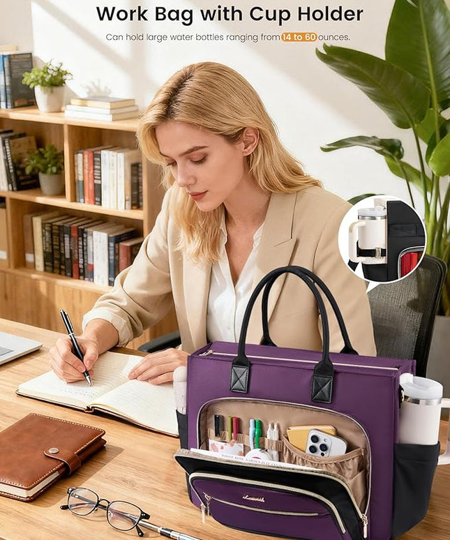LOVEVOOK Insulated Lunch Bag,2-in-1 Work Tote Bag with Lunch Compartment,Large Capacity Professional Work Bag for Women,15.6 Inch Laptop Bag with Cup Holder for Teacher,Nurse,College,Office,Travel