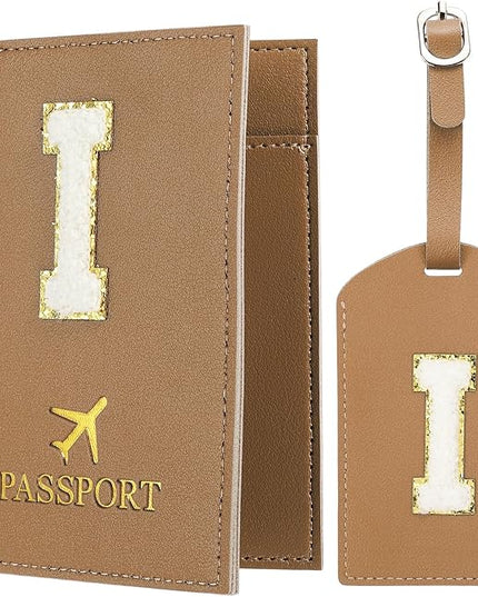 PATIKIL Passport Holder for Travel, Initial Passport Cover and Luggage Tag Set with Alphabet Chenille Letter Patch Travel Wallet Bag Suitcase Identifier for Women Family Travel Brown I