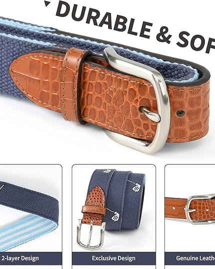 Mile High Life Golf Belts for Men, Canvas Belt with Genuine Leather Tips, Embroidered 2 Layer Web Belt with Pin Buckle