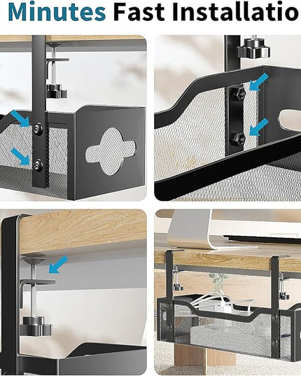 Under Desk Cable Management Tray 3 Pack, Cable Management Under Desk No Drill, Cable Organizer with Clamp for Wire Management, Cord Organizer for Office, Home - No Damage to Table (Black)