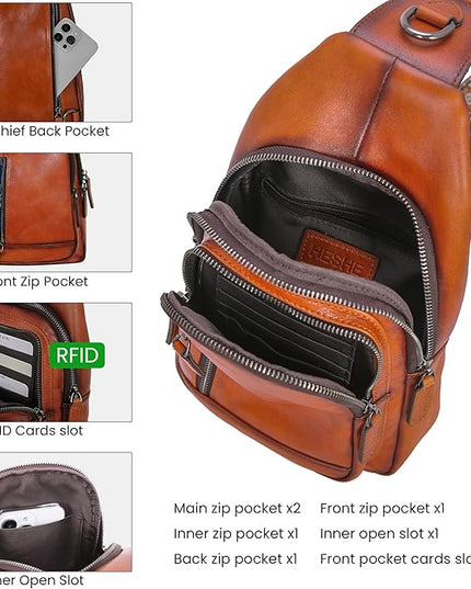 HESHE Leather Sling Bag for Women Crossbody Bags with Multi-Pocket Stylish Fanny Packs for Travel Chest Bag