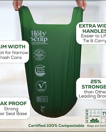 Large Slim Compostable Trash Bags - 8-10 Gallon, 60 Pack | Plastic-Free Tall Kitchen Garbage Bags & Liners with Easy-Tie Handles | Thick Bin Bag Liners for Green & Food Waste
