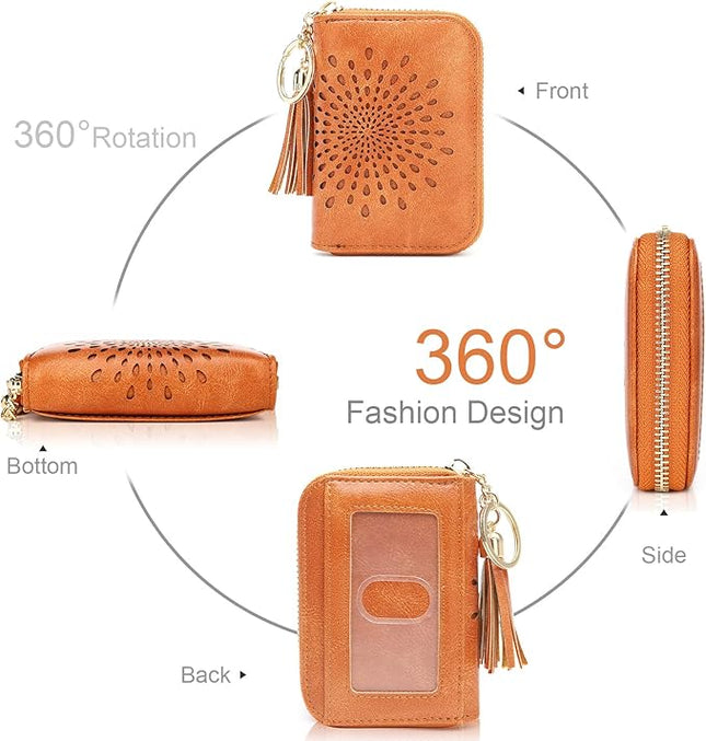 APHISON RFID Credit Card Holder Zipper Card Case Keychain Small Wallet for Women 1927 BROWN