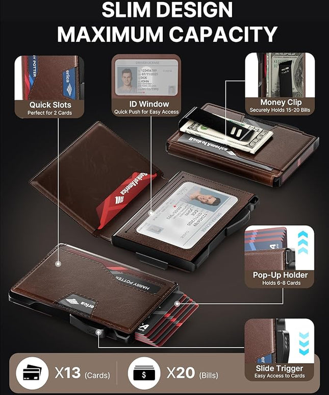 typecase Pop Up Wallet: Slim Wallet with Money Clip, Rfid-blocking, Minimalist, Small, Thin, Compact Card Case, Magnetic Bifold, Front Pocket Wallet, 9-13 Card Capacity, Mens Gifts Wallet - Brown