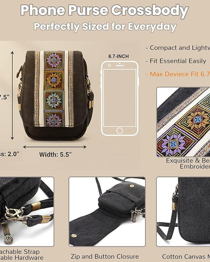 Goodhan Embroidery Canvas Crossbody Bag Cell phone Pouch Coin Purse for Women