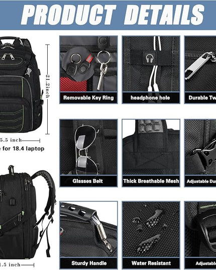 Travel Laptop Backpack,Extra Large 18.4 Inch Laptop RFID Anti Theft TSA Friendly Backpack with USB Charging Port,Water Resistant Backbag,Heavy Duty Computer Bag for Women Men,21.2*15.5*11.5 inch Green