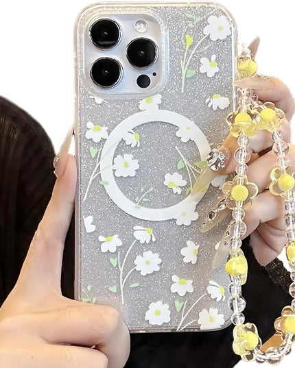 Compatible with iPhone 13 Cases Cute Bling Sparkly Floral Phone case,Flower with Wrist Strap Design, Compatible MagSafe Silicone Shockproof Phone case for Women and Teenage Girls.