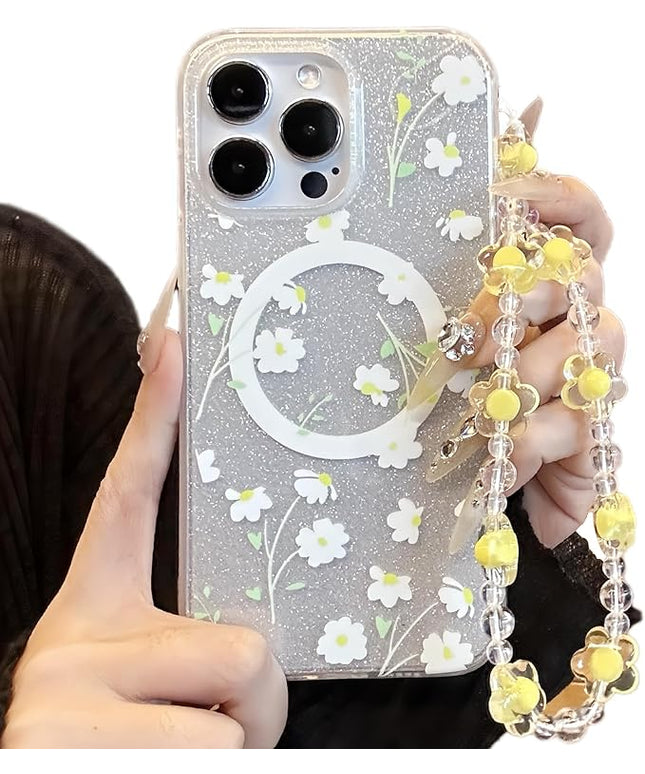 Compatible with iPhone 13 Cases Cute Bling Sparkly Floral Phone case,Flower with Wrist Strap Design, Compatible MagSafe Silicone Shockproof Phone case for Women and Teenage Girls.
