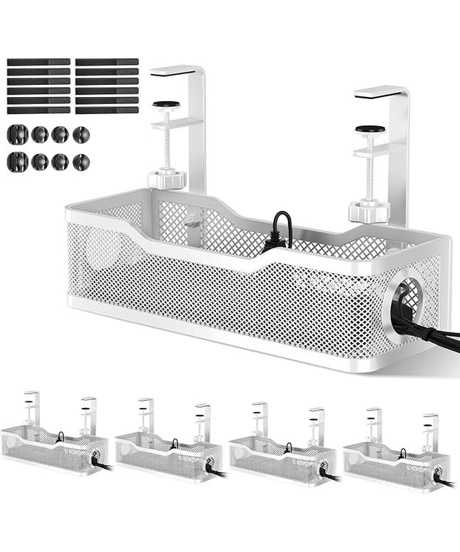 4 Pack Under Desk Cable Management Box White, Cinati 53.6" Wire Organizers No Drill, Cord Organization Tray with Clamp for Office, Home - No Damage to Desk