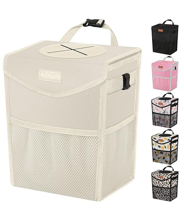 Car Trash Can with Lid, Cute Leakproof Car Trash Garbage Bag Hanging Vehicle Trash Bin Small Portable Automotive Garbage Cans Organizer for Back/Front Seat/Console(2.8 Gallons,Beige