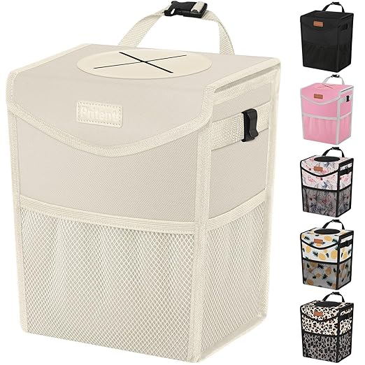Car Trash Can with Lid, Cute Leakproof Car Trash Garbage Bag Hanging Vehicle Trash Bin Small Portable Automotive Garbage Cans Organizer for Back/Front Seat/Console(2.8 Gallons,Beige
