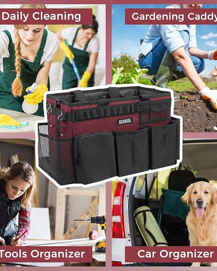 Wearable Cleaning Caddy Bag, Cleaning Caddy Supplies Organizer with Handle & Shoulder Straps for Housekeepers, Under Sink & Car Cleaning Tool Organizers with 4 Foldable Divider (Magenta)