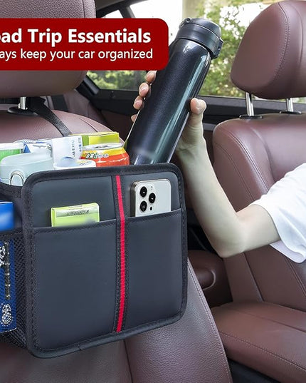 Hanging Car Seat Organizer Backseat Car Organizer - Premium PU Leather Car Backseat Organizer Road Trip Essentials, Multifunction Car Seat Back Organizer for Kids & Adults (Black)