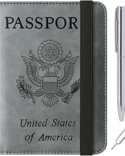 Passport Holder Cover Wallet Travel Essentials Leather Rfid Blocking Case Vacation Luggage Must Haves Travel Accessories for Men Women (116#Grey)
