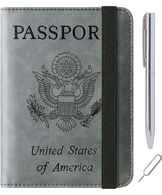Passport Holder Cover Wallet Travel Essentials Leather Rfid Blocking Case Vacation Luggage Must Haves Travel Accessories for Men Women (116#Grey)