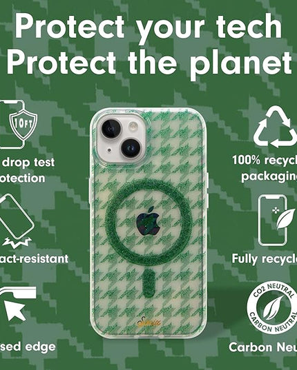 Sonix Protective Phone Case for iPhone 15, 14, 13 | Compatible with MagSafe | 10ft Drop Tested | Green Glitter Houndstooth Print | Happily Houndstooth