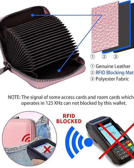Linno RFID 20 Slots Credit Card Holder Genuine Leather Small Wallet for Women or Men with Zipper