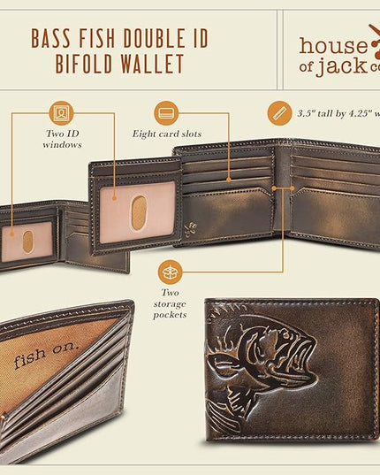 House of Jack Co. Bass Wallet for Men, Double ID Bifold, Full Grain Leather Fishing Wallet, Ideal Gift for Men, Black