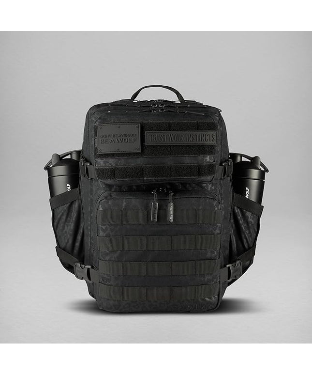WOLFpak 35L Athletic Gym Backpack - Durable 1000D Waterproof Oxford Material with MOLLE Webbing, Laptop Pocket & Dual Cup Holders, Durable Fitness/Travel/Military Daypack (Black Leopard)