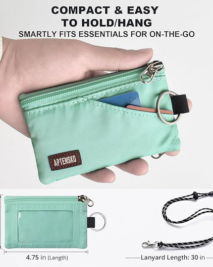 RFID Travel Wallet with Adjustable Lanyard-Zipper Small Wallet with ID Card Holder, Keychain for women&men-Minimalist Slim Waterproof Nylon case for ID, Cash, Key (Mint Aqua)