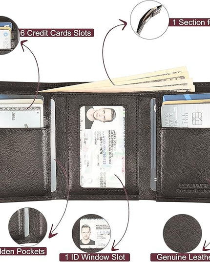 BOTANNER Genuine Leather Mens Trifold Wallet RFID Blocking 6 Credit Card Slots 1 ID Window Section for Bills 2 Hidden Pockets | Ink Black