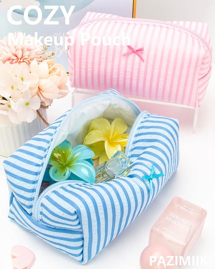 PAZIMIIK Cozy Makeup Bag Small Aesthetic Travel Zipper Cosmetic Pouch for Women Make Up Beauty Accessories Brushes, Stripe Lake Blue