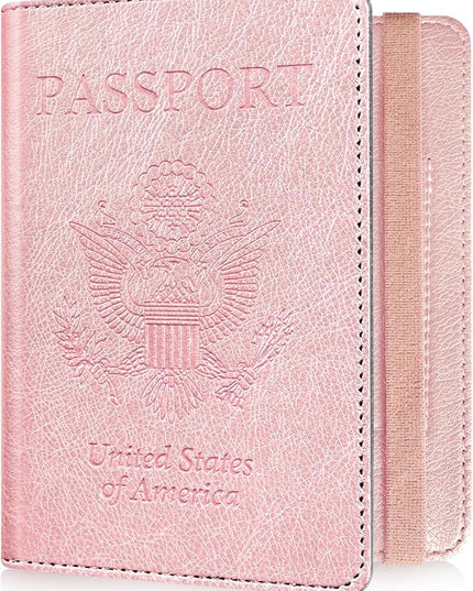 RSAquar Passport Holder for Women and Men, Premium PU Leather Travel Passport Wallet RFID Blocking Passport Cover Travel Documents Organizer (Rose Gold)