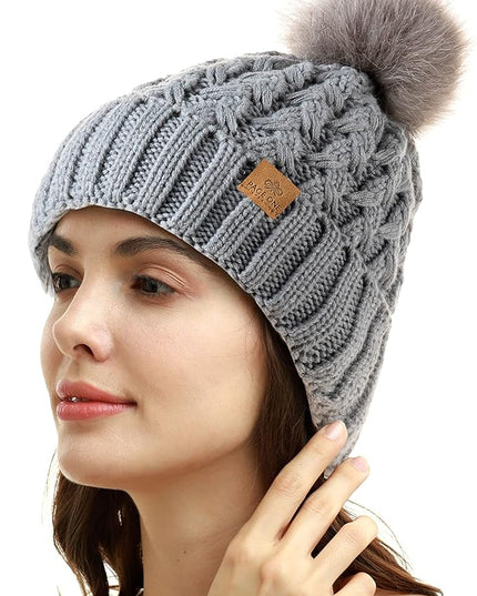 PAGE ONE Womens Winter Ribbed Beanie Crossed Cap Chunky Cable Knit Pompom Soft Warm Hat