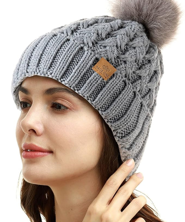 PAGE ONE Womens Winter Ribbed Beanie Crossed Cap Chunky Cable Knit Pompom Soft Warm Hat