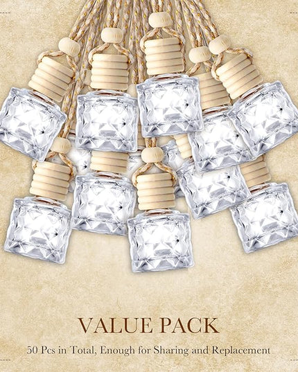 BBTO 50 Pcs Hanging Car Air Freshener Car Diffuser Bottles Empty Glass Perfume Bottle Freshener Diffuser Bottle Pendant for Essential Oil Fragrance Aromatherapy Bottle Ornament(Diamond)